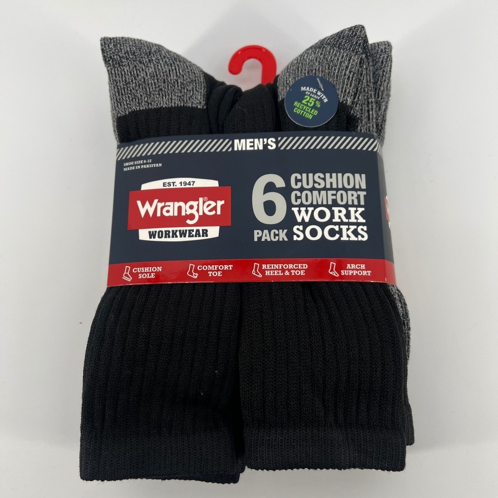 Wrangler Workwear Men's 6 Pack Black Cushion Comfort Work Socks Size 6-12